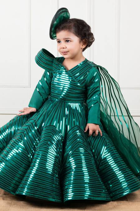 Lil Angels Green Organza, Satin, Linen Lace, Embroidery Metallic Gown With Drape Online at Aza Fashions Lil Angels_Green Organza, Satin, Linen Lace, Embroidery Metallic Gown With Drape _Online_at_Aza_Fashions
