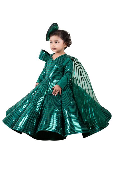 Buy Lil Angels Green Organza, Satin, Linen Lace, Embroidery Metallic Gown With Drape Online at Aza Fashions Buy_Lil Angels_Green Organza, Satin, Linen Lace, Embroidery Metallic Gown With Drape _Online_at_Aza_Fashions