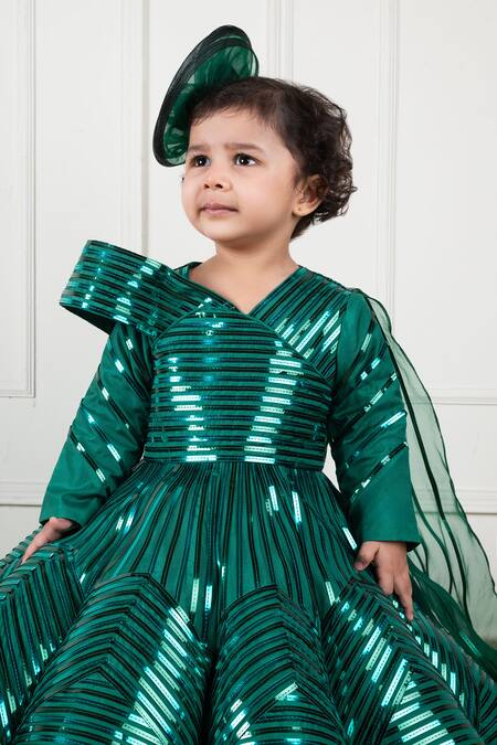Shop Lil Angels Green Organza, Satin, Linen Lace, Embroidery Metallic Gown With Drape Online at Aza Fashions Shop_Lil Angels_Green Organza, Satin, Linen Lace, Embroidery Metallic Gown With Drape _Online_at_Aza_Fashions