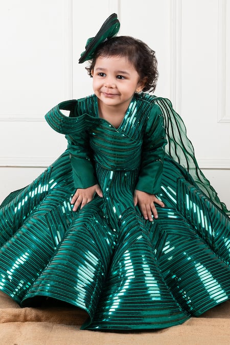 Lil Angels Green Organza, Satin, Linen Lace, Embroidery Metallic Gown With Drape at Aza Fashions Lil Angels_Green Organza, Satin, Linen Lace, Embroidery Metallic Gown With Drape _at_Aza_Fashions