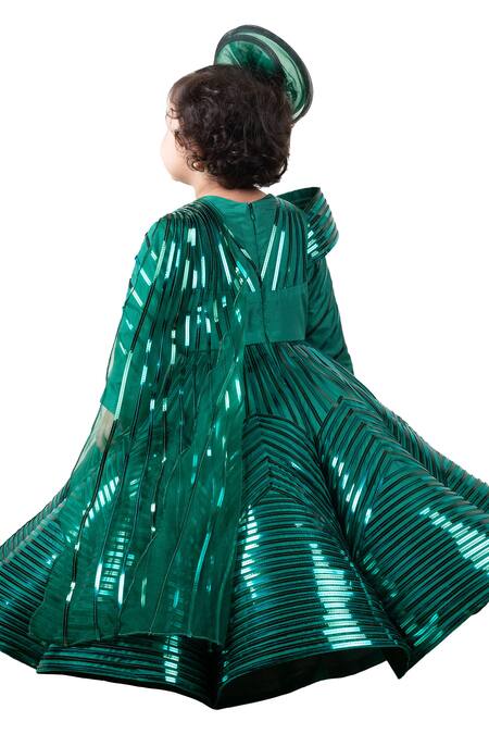 Buy Lil Angels Green Organza, Satin, Linen Lace, Embroidery Metallic Gown With Drape Buy_Lil Angels_Green Organza, Satin, Linen Lace, Embroidery Metallic Gown With Drape
