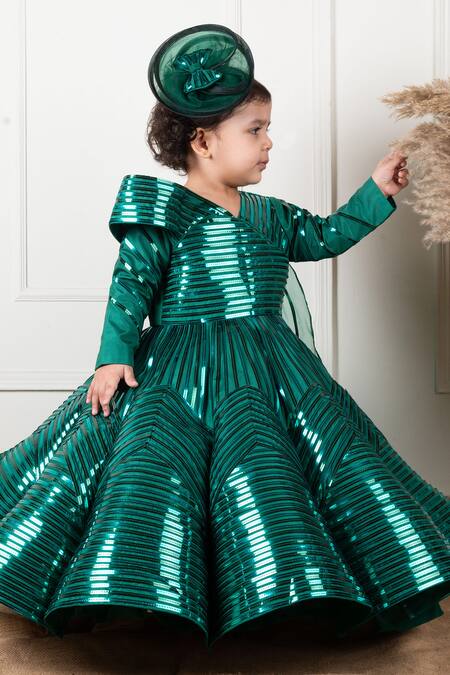 Shop Lil Angels Green Organza, Satin, Linen Lace, Embroidery Metallic Gown With Drape Shop_Lil Angels_Green Organza, Satin, Linen Lace, Embroidery Metallic Gown With Drape