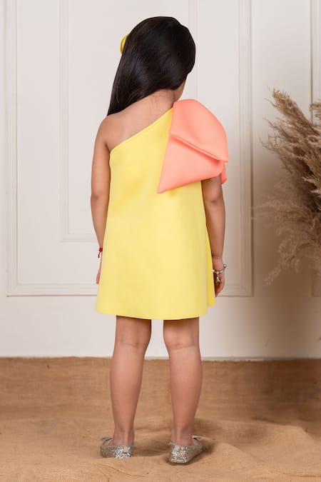 Shop Lil Angels Yellow Neoprene Bows One Shoulder Short Dress at Aza Fashions Shop_Lil Angels_Yellow Neoprene Bows One Shoulder Short Dress _at_Aza_Fashions