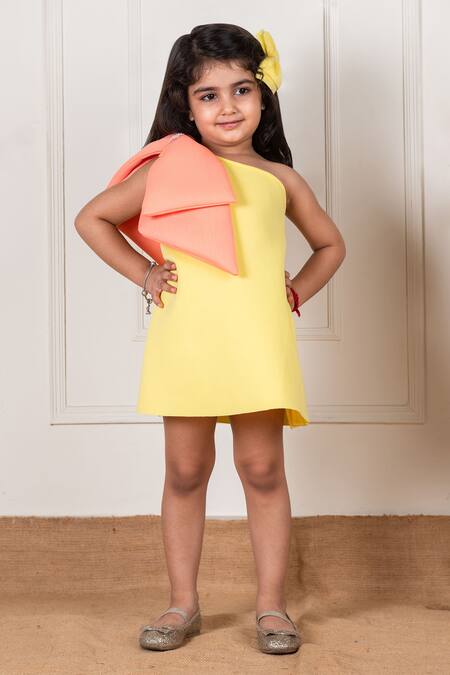 Lil Angels Yellow Neoprene Bows One Shoulder Short Dress Online at Aza Fashions Lil Angels_Yellow Neoprene Bows One Shoulder Short Dress _Online_at_Aza_Fashions