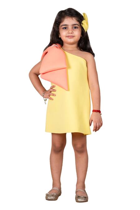 Lil Angels Yellow Neoprene Bows One Shoulder Short Dress at Aza Fashions Lil Angels_Yellow Neoprene Bows One Shoulder Short Dress _at_Aza_Fashions