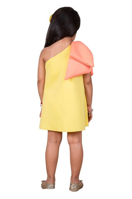 Buy Lil Angels Yellow Neoprene Bows One Shoulder Short Dress Buy_Lil Angels_Yellow Neoprene Bows One Shoulder Short Dress