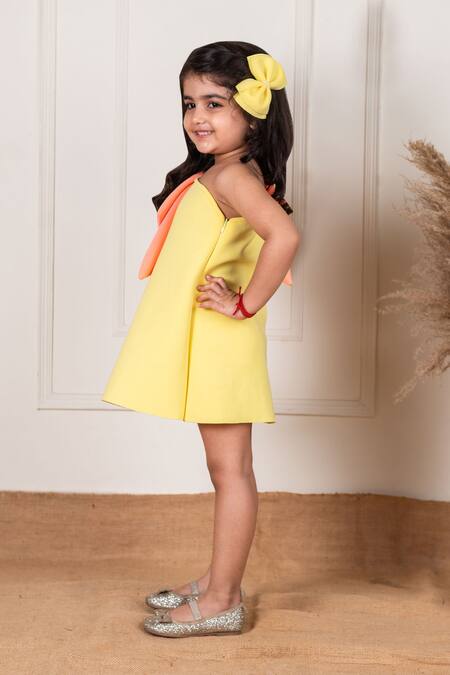Shop Lil Angels Yellow Neoprene Bows One Shoulder Short Dress Shop_Lil Angels_Yellow Neoprene Bows One Shoulder Short Dress