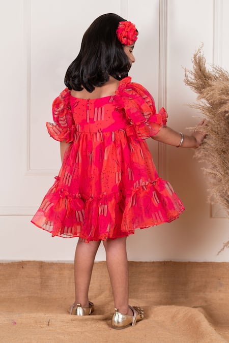 Shop_Lil Angels_Pink Organza, Cotton Abstract Pattern Frock _at_Aza_Fashions