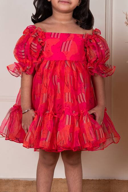 Lil Angels_Pink Organza, Cotton Abstract Pattern Frock _Online_at_Aza_Fashions