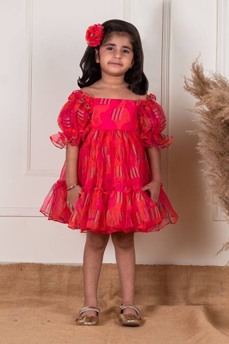 Shop_Lil Angels_Pink Organza, Cotton Abstract Pattern Frock _Online_at_Aza_Fashions