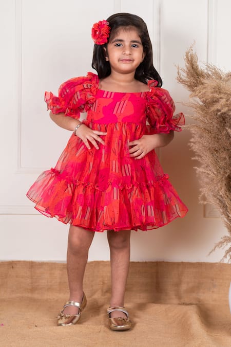 Lil Angels_Pink Organza, Cotton Abstract Pattern Frock _at_Aza_Fashions