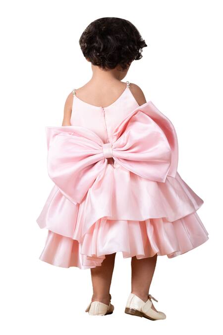 Lil Angels_Peach Satin, Organza, Cotton Bows, Crystals, Pearls Double Layered Dress_Online_at_Aza_Fashions