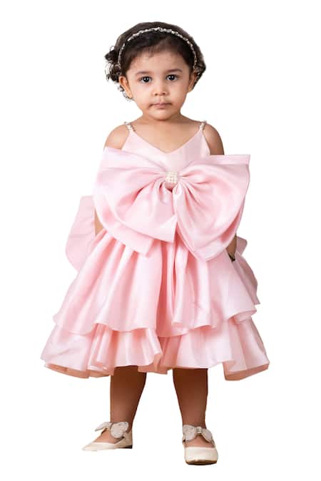 Buy_Lil Angels_Peach Satin, Organza, Cotton Bows, Crystals, Pearls Double Layered Dress_Online_at_Aza_Fashions