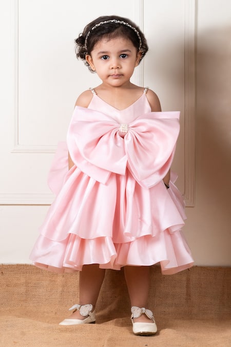 Shop_Lil Angels_Peach Satin, Organza, Cotton Bows, Crystals, Pearls Double Layered Dress_Online_at_Aza_Fashions