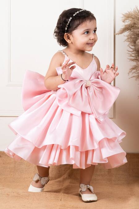 Lil Angels_Peach Satin, Organza, Cotton Bows, Crystals, Pearls Double Layered Dress_at_Aza_Fashions
