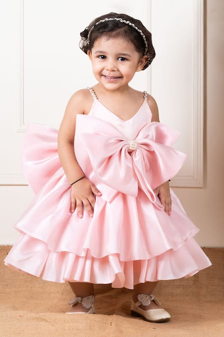 Buy_Lil Angels_Peach Satin, Organza, Cotton Bows, Crystals, Pearls Double Layered Dress