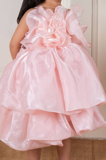 Buy_Lil Angels_Peach Satin, Organza, Cotton Fringe Frill Layered Dress_Online_at_Aza_Fashions