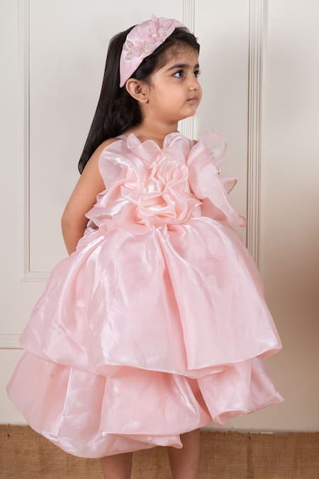 Shop_Lil Angels_Peach Satin, Organza, Cotton Fringe Frill Layered Dress_Online_at_Aza_Fashions