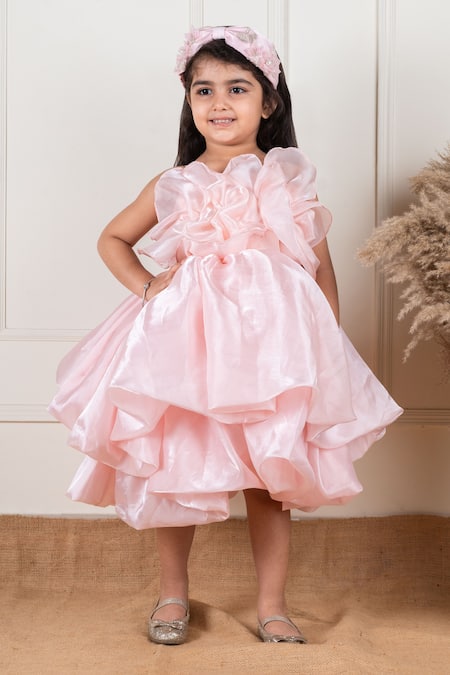 Lil Angels_Peach Satin, Organza, Cotton Fringe Frill Layered Dress_at_Aza_Fashions