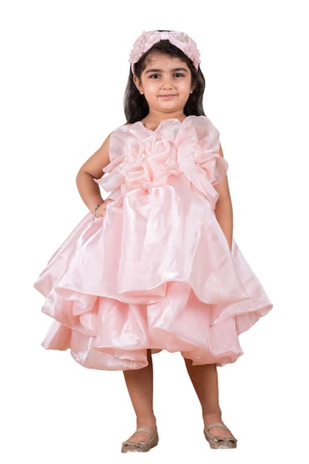 Buy_Lil Angels_Peach Satin, Organza, Cotton Fringe Frill Layered Dress