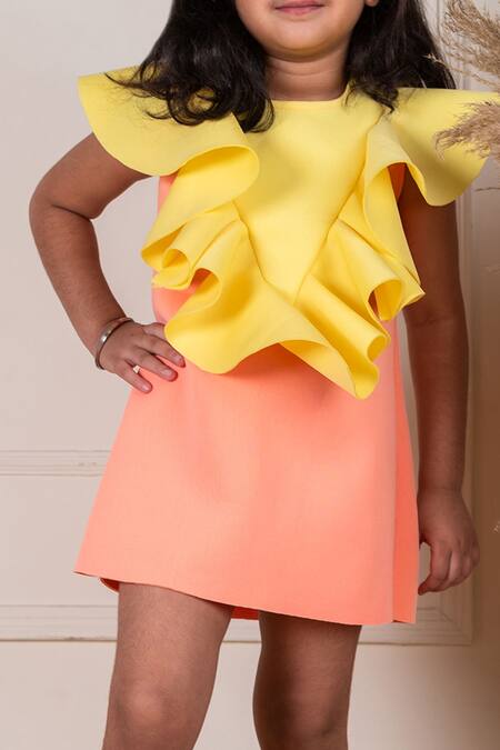 Lil Angels Peach Neoprene Ruffles Detailed Straight Short Dress Online at Aza Fashions Lil Angels_Peach Neoprene Ruffles Detailed Straight Short Dress _Online_at_Aza_Fashions