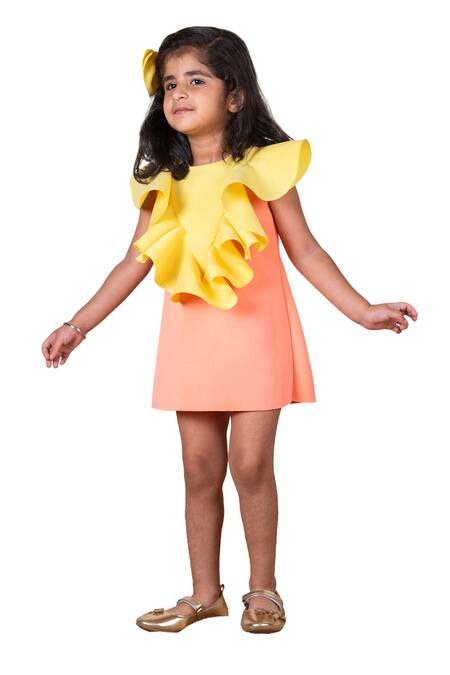 Buy Lil Angels Peach Neoprene Ruffles Detailed Straight Short Dress Online at Aza Fashions Buy_Lil Angels_Peach Neoprene Ruffles Detailed Straight Short Dress _Online_at_Aza_Fashions