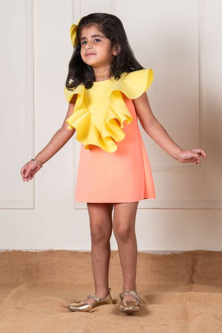 Shop Lil Angels Peach Neoprene Ruffles Detailed Straight Short Dress Online at Aza Fashions Shop_Lil Angels_Peach Neoprene Ruffles Detailed Straight Short Dress _Online_at_Aza_Fashions