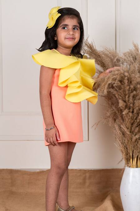 Lil Angels Peach Neoprene Ruffles Detailed Straight Short Dress at Aza Fashions Lil Angels_Peach Neoprene Ruffles Detailed Straight Short Dress _at_Aza_Fashions