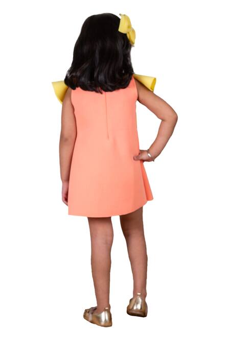 Buy Lil Angels Peach Neoprene Ruffles Detailed Straight Short Dress Buy_Lil Angels_Peach Neoprene Ruffles Detailed Straight Short Dress