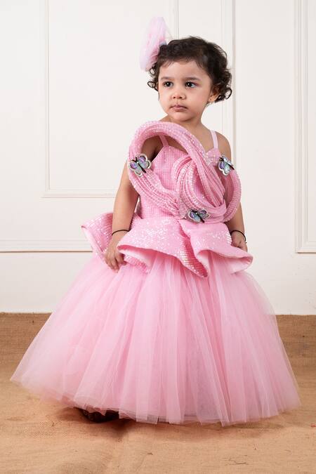 Shop Lil Angels Pink Net, Cotton Sequins Draped Butterfly Gown at Aza Fashions Shop_Lil Angels_Pink Net, Cotton Sequins Draped Butterfly Gown _at_Aza_Fashions