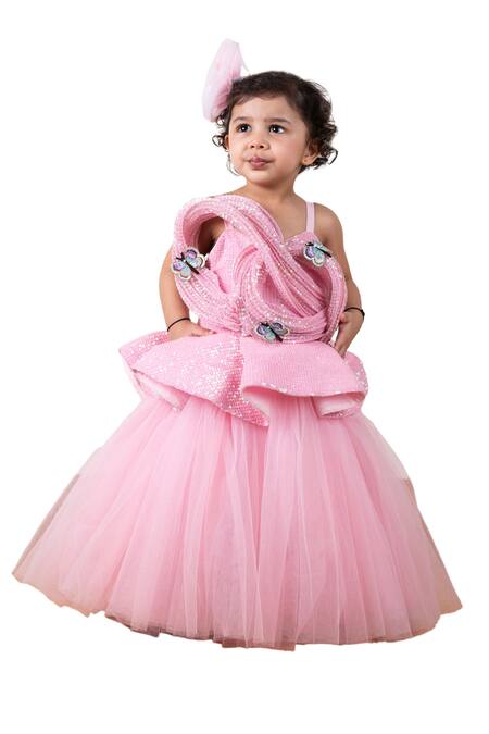 Lil Angels Pink Net, Cotton Sequins Draped Butterfly Gown Online at Aza Fashions Lil Angels_Pink Net, Cotton Sequins Draped Butterfly Gown _Online_at_Aza_Fashions