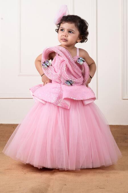 Buy Lil Angels Pink Net, Cotton Sequins Draped Butterfly Gown Online at Aza Fashions Buy_Lil Angels_Pink Net, Cotton Sequins Draped Butterfly Gown _Online_at_Aza_Fashions