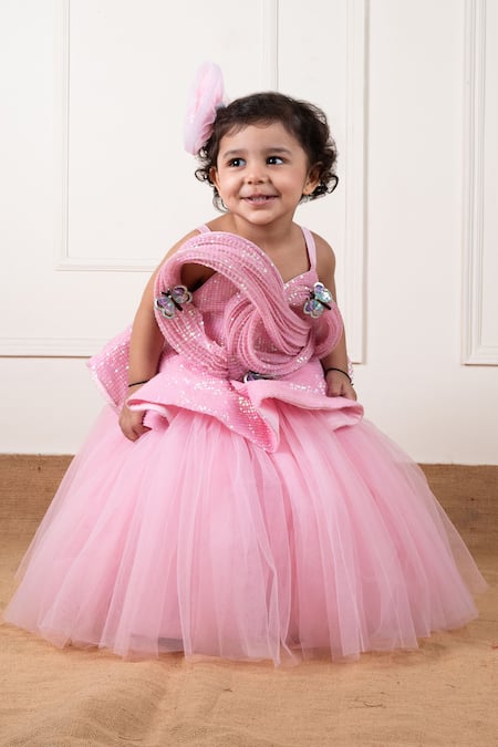 Shop Lil Angels Pink Net, Cotton Sequins Draped Butterfly Gown Online at Aza Fashions Shop_Lil Angels_Pink Net, Cotton Sequins Draped Butterfly Gown _Online_at_Aza_Fashions