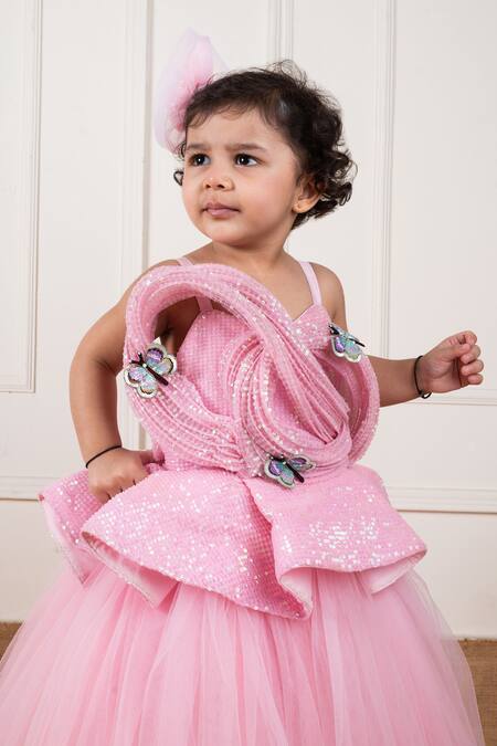 Lil Angels Pink Net, Cotton Sequins Draped Butterfly Gown at Aza Fashions Lil Angels_Pink Net, Cotton Sequins Draped Butterfly Gown _at_Aza_Fashions