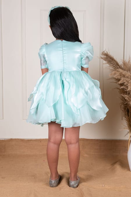 Shop_Lil Angels_Green Satin, Organza, Cotton Pearls, Beads, Fabric Embroidery Short Dress _at_Aza_Fashions