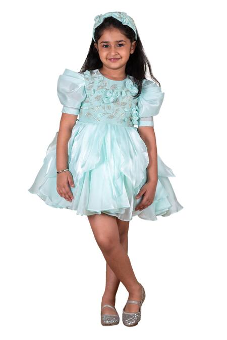 Lil Angels_Green Satin, Organza, Cotton Pearls, Beads, Fabric Embroidery Short Dress _Online_at_Aza_Fashions
