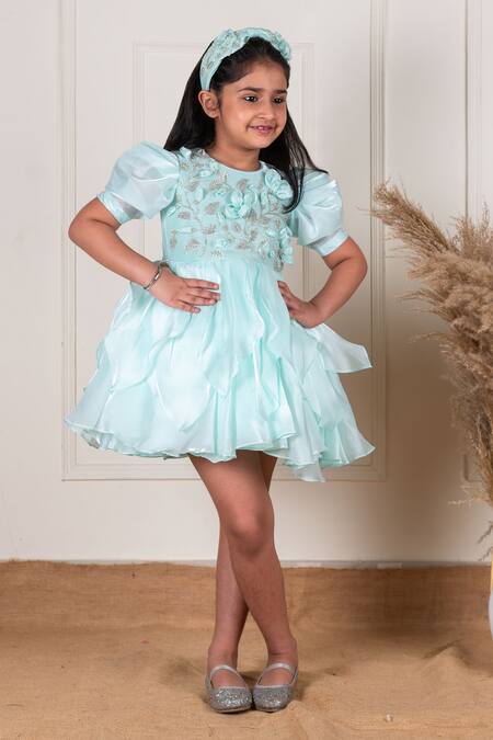 Buy_Lil Angels_Green Satin, Organza, Cotton Pearls, Beads, Fabric Embroidery Short Dress _Online_at_Aza_Fashions