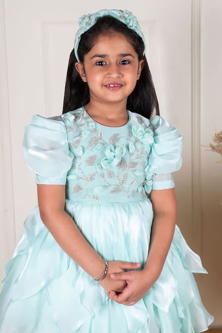 Shop_Lil Angels_Green Satin, Organza, Cotton Pearls, Beads, Fabric Embroidery Short Dress _Online_at_Aza_Fashions