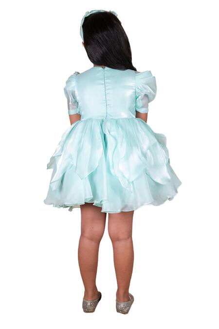 Lil Angels_Green Satin, Organza, Cotton Pearls, Beads, Fabric Embroidery Short Dress _at_Aza_Fashions