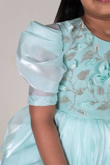 Buy_Lil Angels_Green Satin, Organza, Cotton Pearls, Beads, Fabric Embroidery Short Dress 