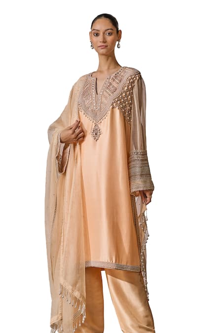 Tarun Tahiliani_Peach Silk Pearls, Crystals Split V-neck Embroidered Kurta Trouser Set _Online_at_Aza_Fashions