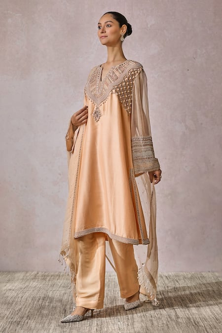 Shop_Tarun Tahiliani_Peach Silk Pearls, Crystals Split V-neck Embroidered Kurta Trouser Set _Online_at_Aza_Fashions