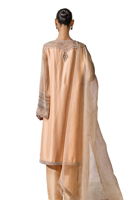 Tarun Tahiliani_Peach Silk Pearls, Crystals Split V-neck Embroidered Kurta Trouser Set _at_Aza_Fashions