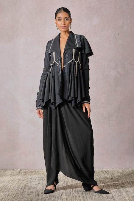 Tarun Tahiliani Black Top Handwoven Textured Collar And Dhoti Pant Set 