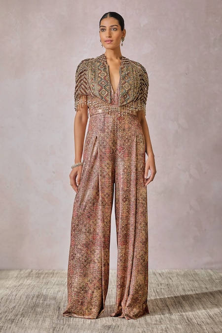 Tarun Tahiliani Multi Color Jumpsuit Foil Jersey Embroidery Geometric Pattern With Jacket