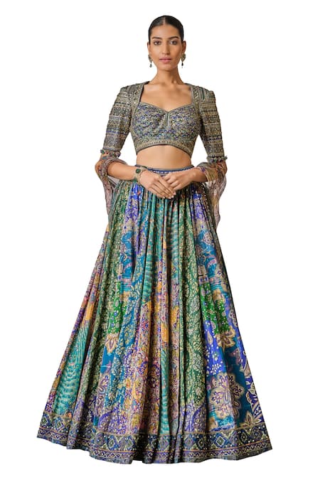Tarun Tahiliani_Green Chanderi, Silk, Satin Pearls, Stones Phulkari Print Bridal Lehenga Set _Online_at_Aza_Fashions