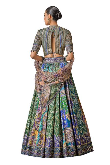 Tarun Tahiliani_Green Chanderi, Silk, Satin Pearls, Stones Phulkari Print Bridal Lehenga Set _at_Aza_Fashions