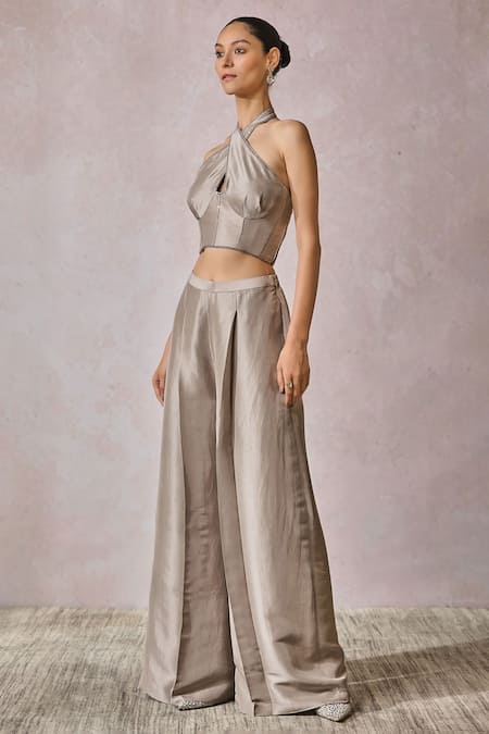Tarun Tahiliani Diamond Border Embellished Corset & Flared Trouser Set 