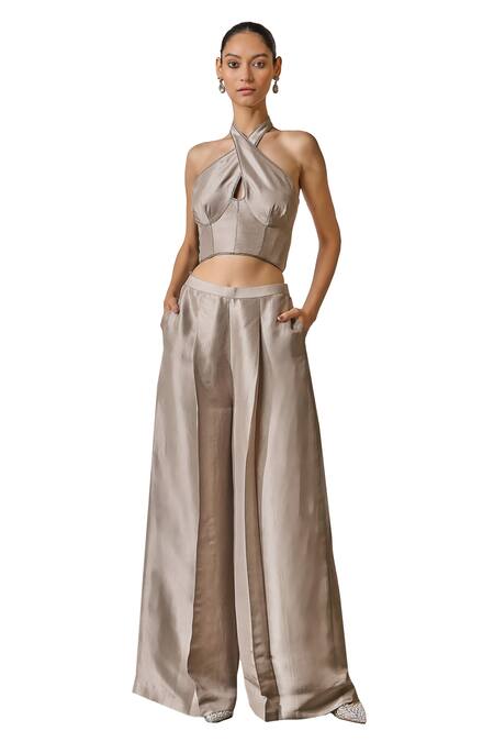 Tarun Tahiliani_Silver Tulle, Silk Diamonds Border Embellished Corset And Flared Trouser Set _Online_at_Aza_Fashions