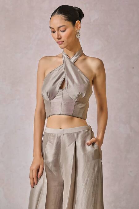 Buy_Tarun Tahiliani_Silver Tulle, Silk Diamonds Border Embellished Corset And Flared Trouser Set _Online_at_Aza_Fashions